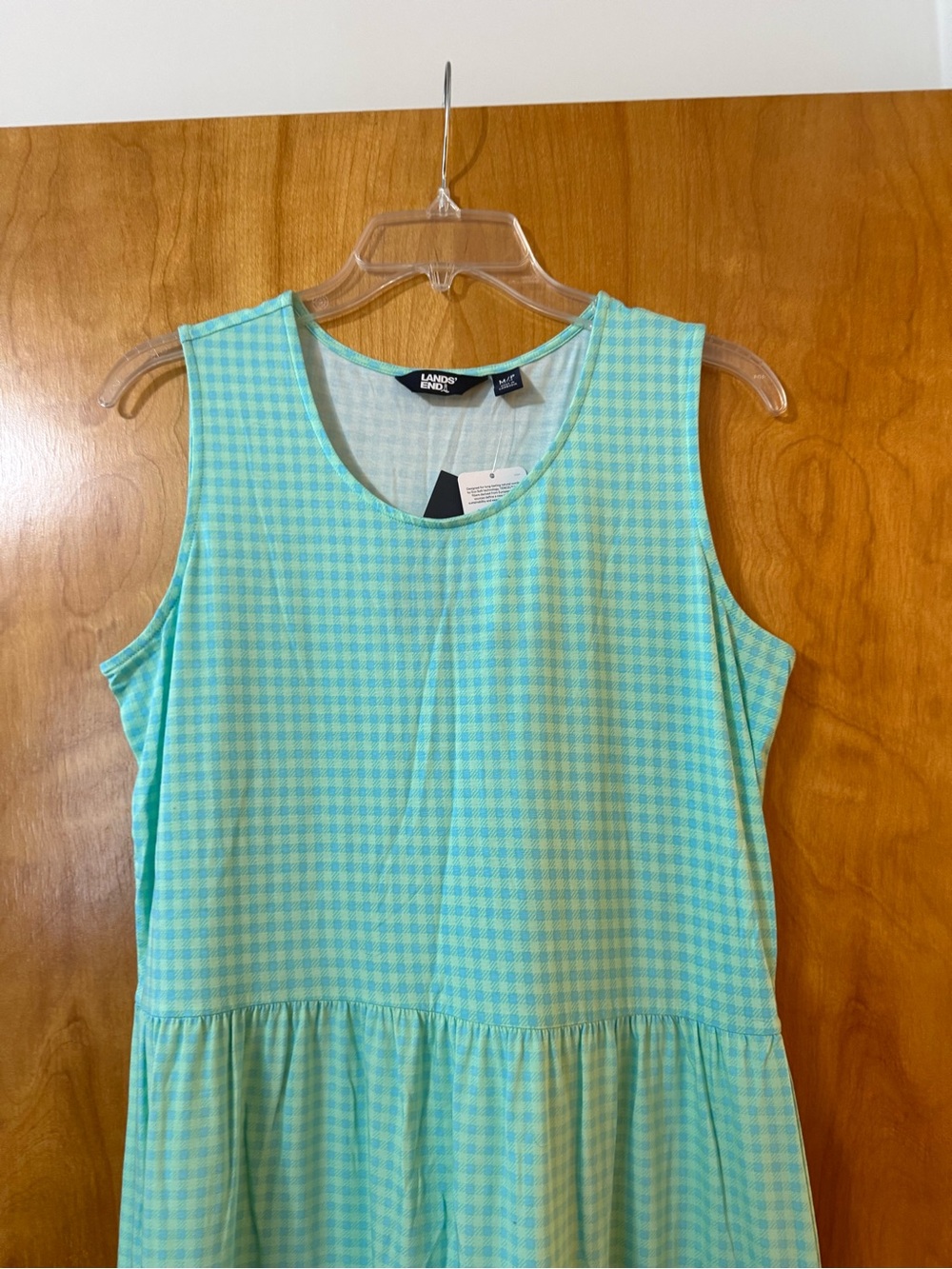 Lands’ End Sleeveless Tiered Maxi Dress Blue Green Check Medium 10-12 FLAW READ - Picture 2 of 14